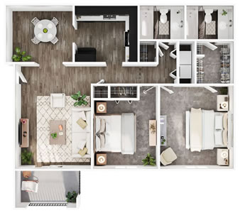 B2 - Two Bedroom / Two Bath - 1,115 Sq. Ft.*